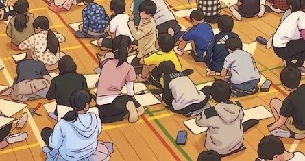 体育館で書きながら学び合う子どもたち