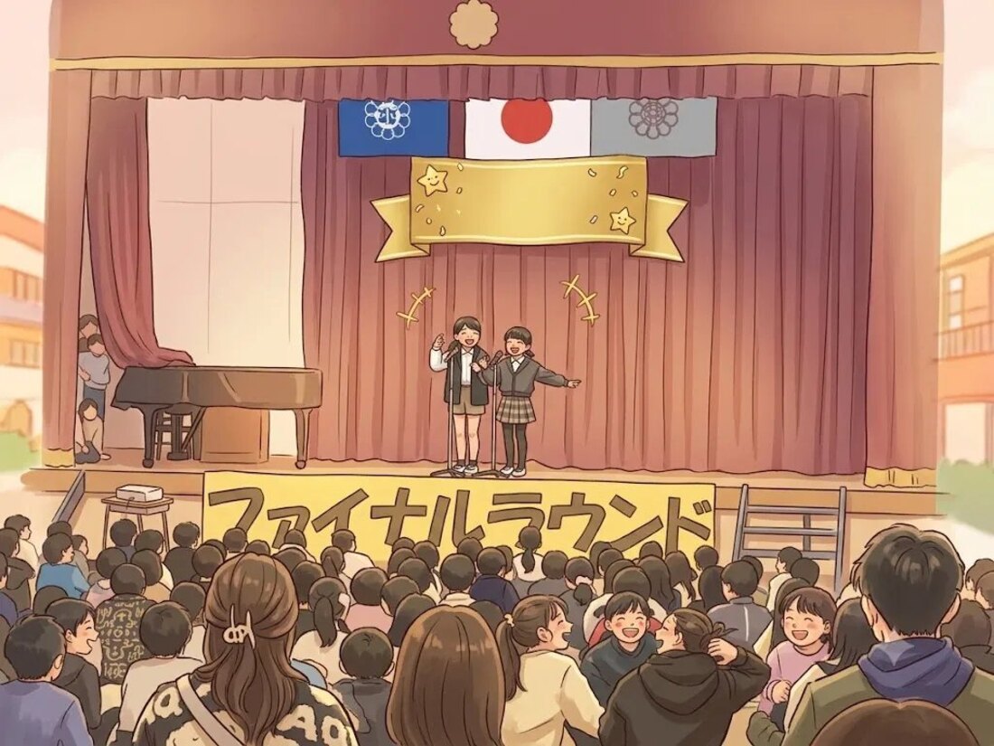 教育漫才大会のステージに立つ子どもたちと、笑い合う会場