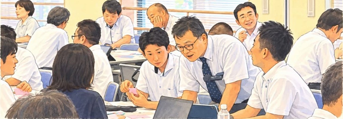 班で付箋を出し合う校長・副校長・教頭の先生方（イラスト）
